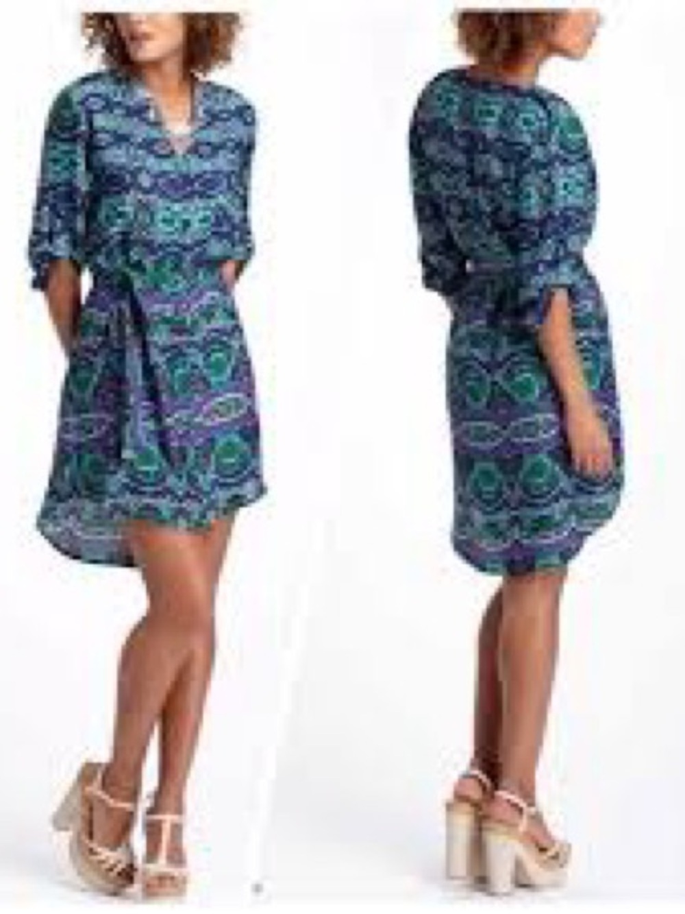 Maeve Anthropologie Frequencies Ikat Belted Shirt Dress Teal and Purple Medium
